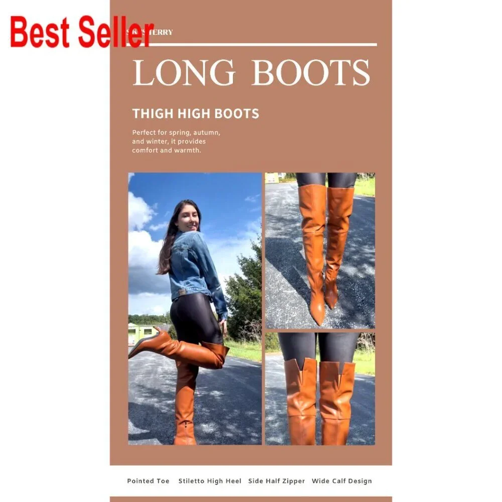 Thigh High Boots Over the Knee Stiletto Heel Wide Calf Side Zipper